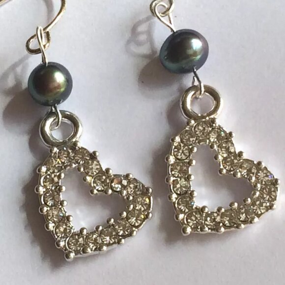 Black Tahitian Pearl Heart Earrings Silver Plated Crystal Dangle Bridal Love - Picture 7 of 11